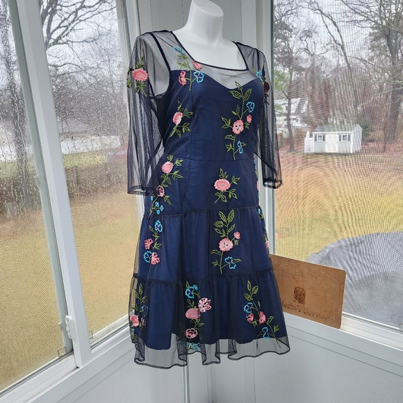 Wayward Fancies Floral Embroidery Black Sheer Tiered Tulle & Blue Dupioni Dress - Picture 16 of 16